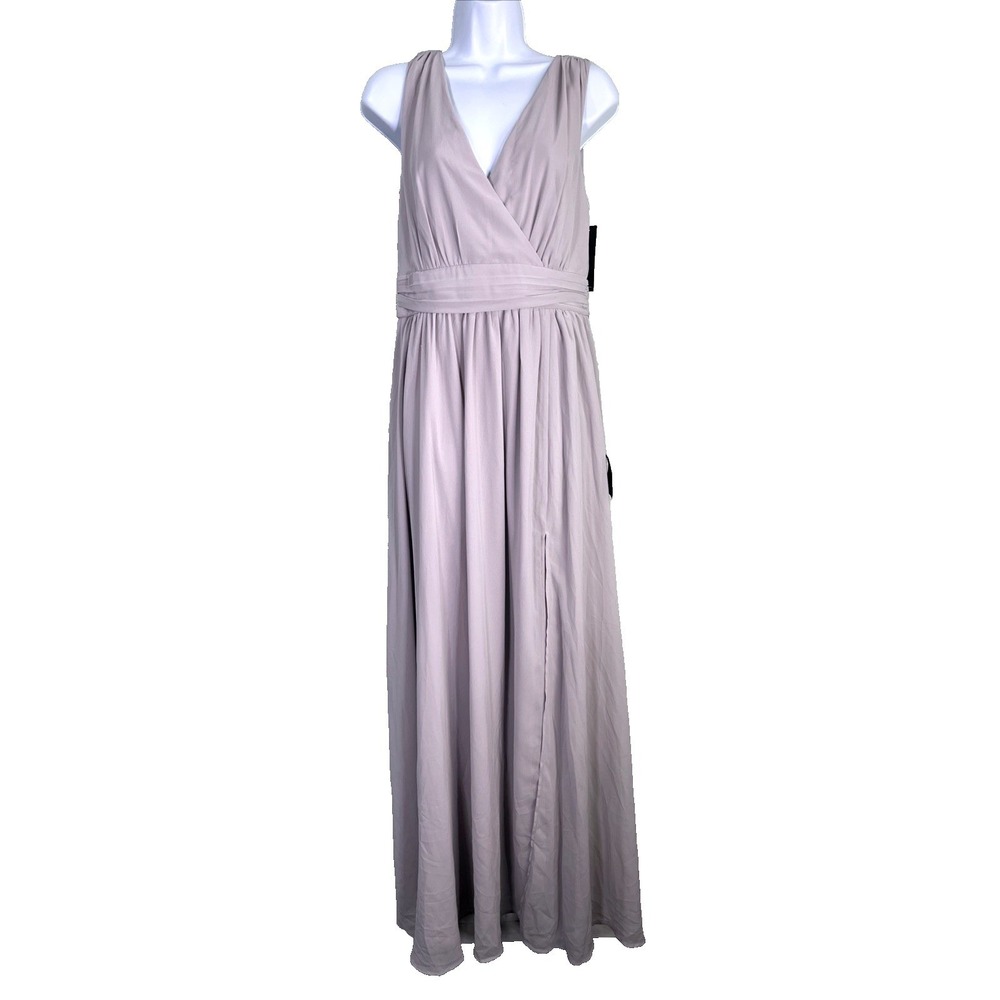 Lulus Maxi Dress Womens M Taupe Heavenly Hues Surplice V-Neck Pleated Bridesnaid